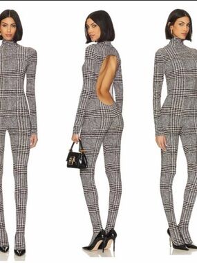 Norma Kamali Chocolate and White Plaid Turtleneck Jumpsuit